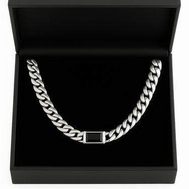 Cuban Link Chain Ironed 10 mm Wide Onyx Pendant - 999 Silver